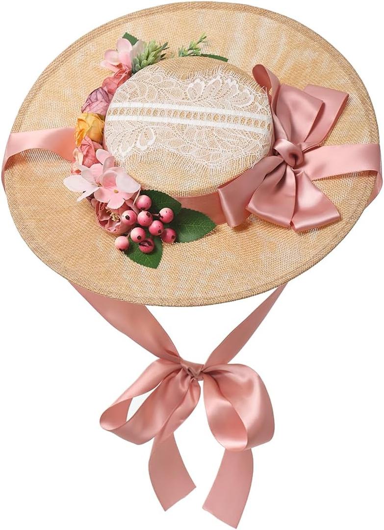 COSDREAMER Girls Women Tea Party Sun Hat Lace Ribbons Straw Hats Small (Style-26)