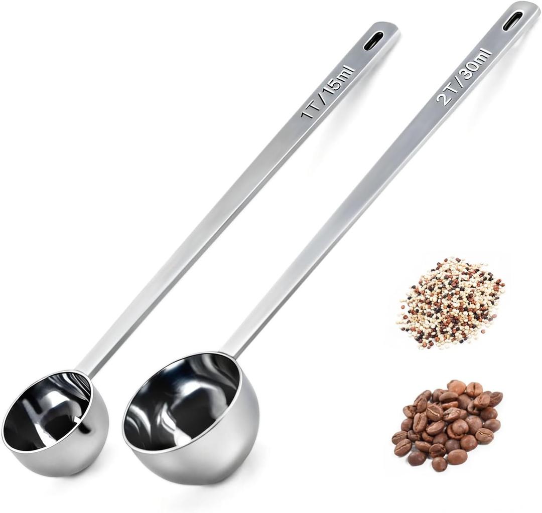 2PCS Coffee Scoop for Ground Coffee Stainless Steel Measuring Spoons Long Handle 30ml 8.66in and 15ml 8.27in Set for Deep Jars Beans Protein Powder Flour
