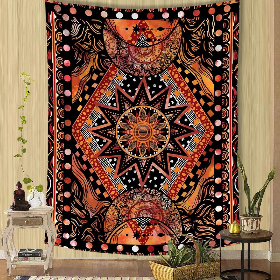 Fowocu Orange Sun and Moon Tapestry Wall Hanging, Indie Hippie Mandala Cool Wall Tapestries, Aesthetic Tapestry for Bedroom Living Room Dorm (Orange, 70.8''  90.5'')