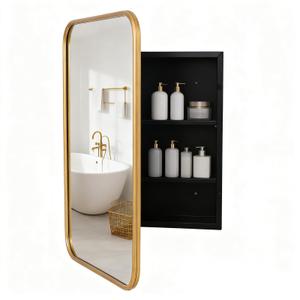 VIWILII Brushed Metal Medicine Cabinet, Rounded Rectangle Bathroom Mirror with Storage, 2 Adjustable Shelves, Recessed or Surface Mount Mounting, Reversible Door (Brushed Gold, 16x24)