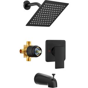 Shower Faucet Set with Tub Spout, 8 Inch Square Wall Mounted Rainfall Shower Head with Rough-in Valve Body, Bathroom Shower Trim Kit Single Function RV Shower System(Matte Black)