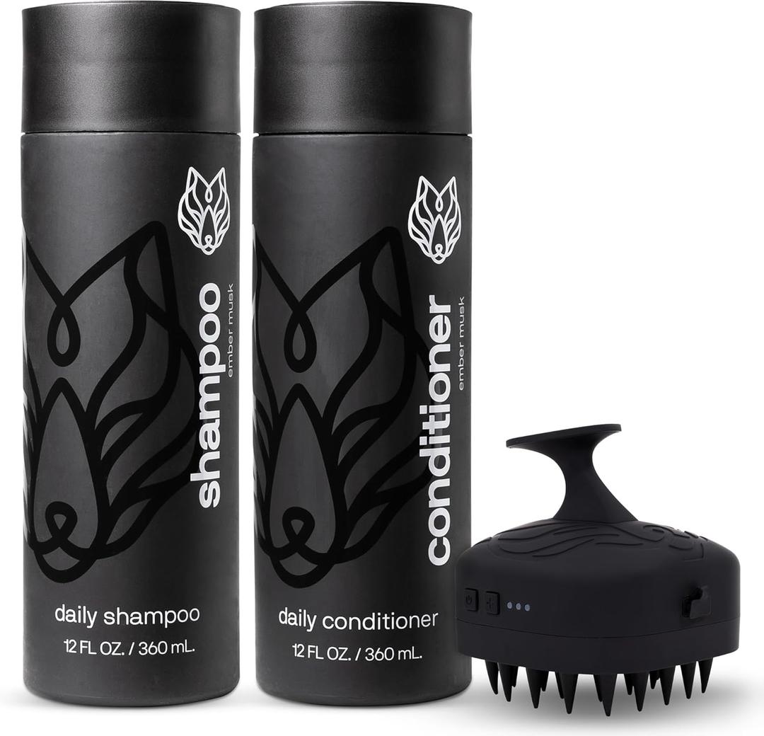 Black Wolf Shampoo & Conditioner for Men & Sonic Head Massager & Scalp Scrubber Bundle