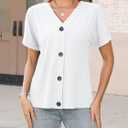 ORANDESIGNE Women's Short Sleeve V Neck Tops Casual Button Down Summer T Shirts Basic Ladies Tees (White, XL)