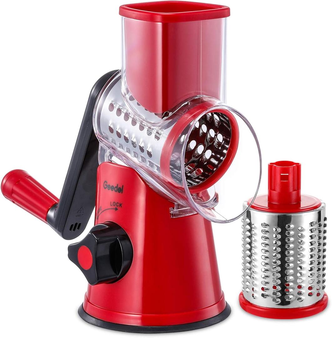 Geedel Rotary Cheese Grater, Kitchen Mandoline Vegetable Slicer with 2 Interchangeable Blades, Easy to Clean Rotary Grater Slicer for Fruit, Vegetables, Nuts (Red)