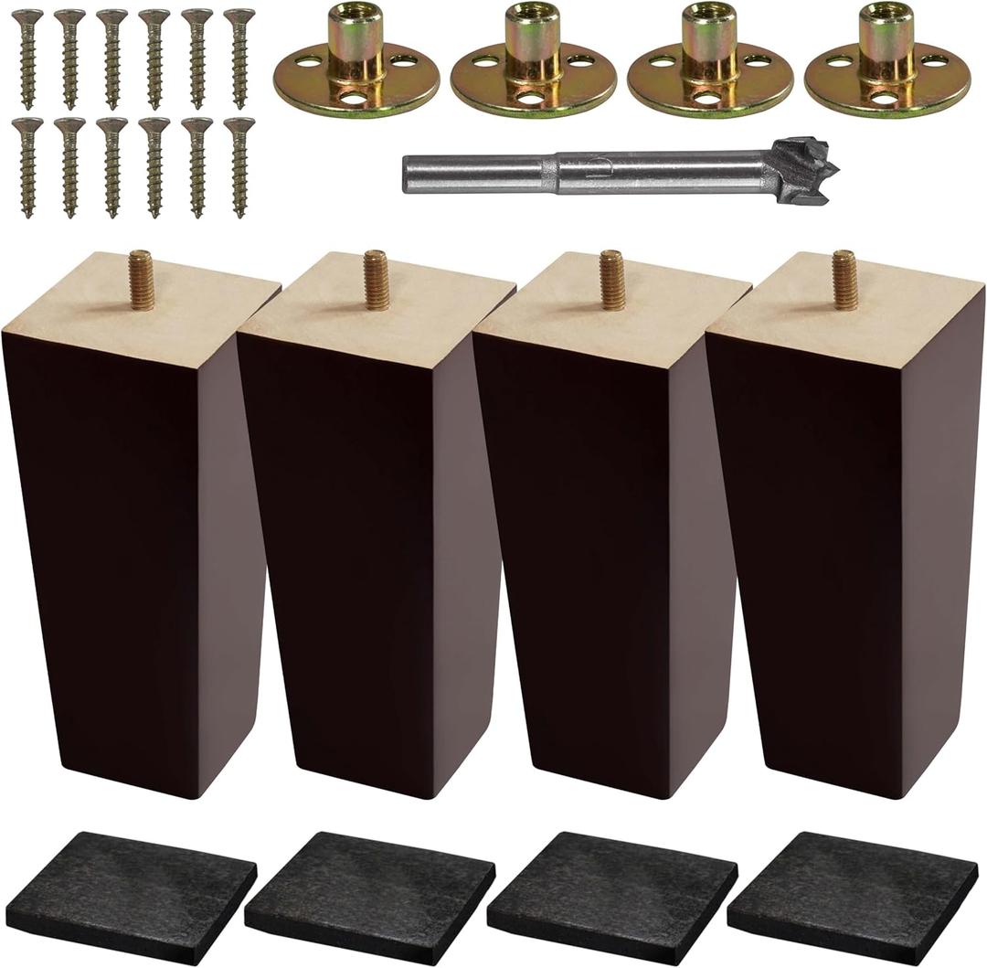 VASGOR Set of 4 Wood Furniture Legs (Drill Bit Included) - Square Sofa Legs, Couch Leg - Brown Mid-Century Modern Replacement Legs for Armchair Recliner Coffee Table Dresser (6")