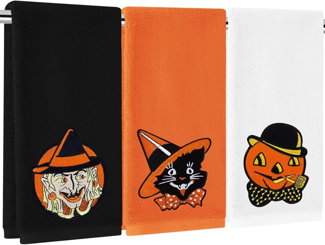 3 Pcs Halloween Hand Towels Embroidered Towel 3 Colors Vintage Cartoon Absorbent Bath Towel for Halloween Holiday Baking Cooking, 29.5 x 13.7 Inch