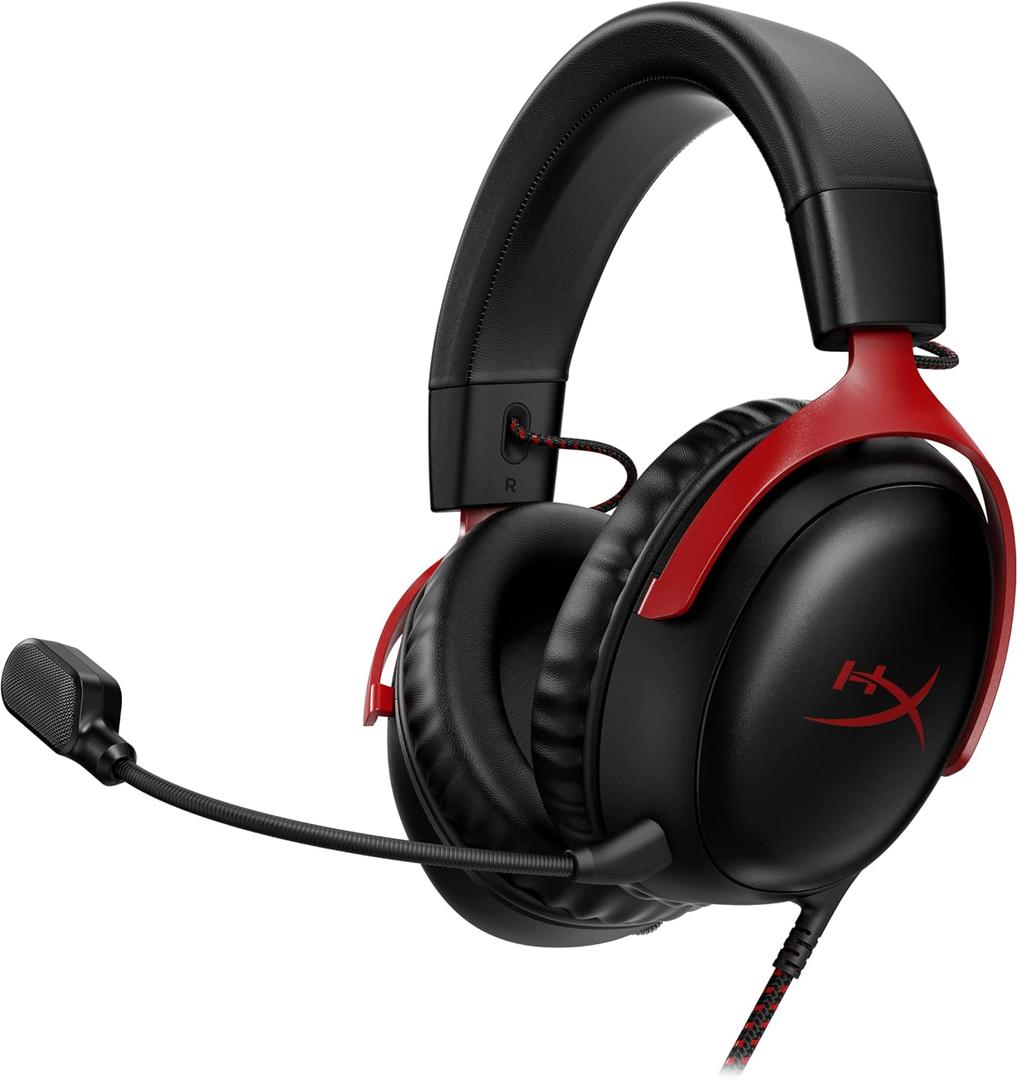 HyperX Cloud III – Wired Gaming Headset, PC, PS5, Xbox Series X|S, Angled 53mm Drivers, DTS Spatial Audio, Memory Foam, Durable Frame, Ultra-Clear 10mm Mic, USB-C, USB-A, 3.5mm – Black/ Red