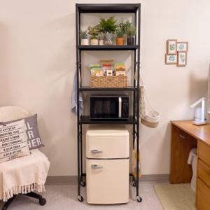 Vercraft 4 Tier Wooden Mini Fridge Shelf for Dorm with Wheels Hooks, Black