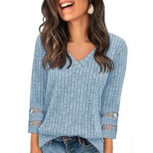 Tankaneo Womens 3/4 Length Sleeve Lace Tops V Neck Dressy Casual T-Shirt 2025 Ribbed Fall Tee Blouse