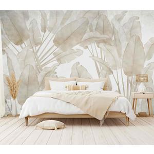 Banana Leaf Wallpaper Beige Tropical Plants Leaves Wall Mural Living Room Bedroom (Not Peel and Stick) (106" x 70", Art Wall-72)