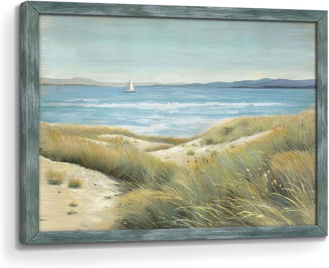 Coastal Beach Wall Art Framed: Seaside Ocean Seascape Picture Artwork Wooden Dunes Grass Landscape Painting Print Bathroom Home Room Decor 11 x 16 Inch
