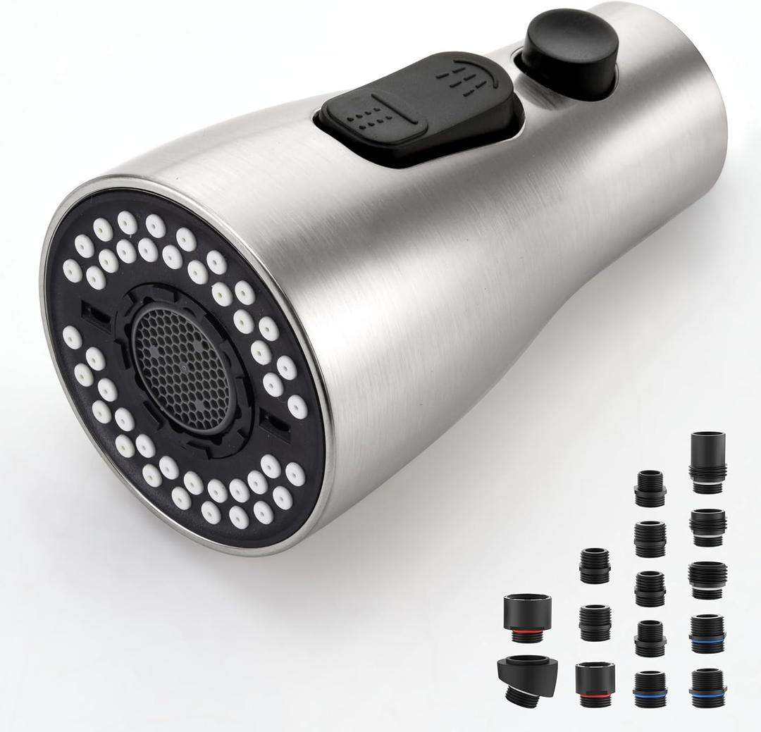 Kitchen Faucet Sprayer Head Replacement - Pull Down Faucet Spray Head with 14 Adapters, Pull Out Faucet Sprayer Nozzle, 3 Function Kitchen Tap Spray Spout Part Connector, Brushed Nickel