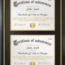 Double Diploma Frame 14x20, Display Two 8.5x11 Degree, Certificates, Documents, Tempered Glass with Acid-Free Black over Gold Mat, Dual Diploma Frame for Graduation, Black with Gold Trim