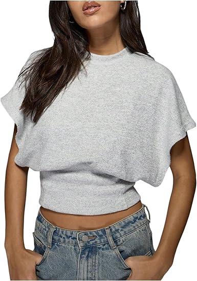 Women's Y2K Dolman Sleeve Tops Cinched Waist Going Out Tops Cap Sleeve Crop Shirt Casual Fall Spring Summer Shirt (Blue)