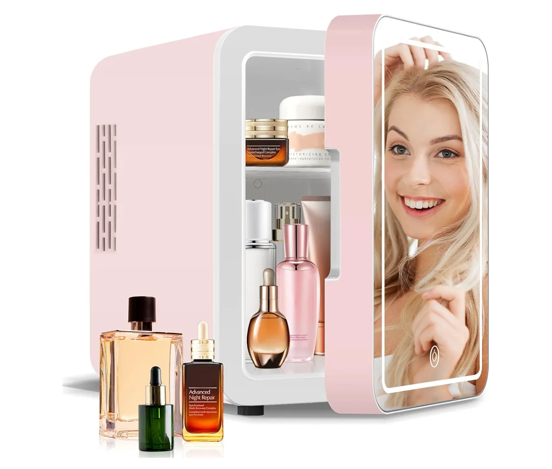 4-Liter Pink Portable Mini Fridge for Skincare Beauty Cosmetic Makeup With Mirrored Door and Dimmable LED Light
