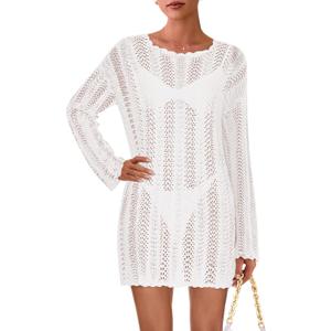 PRETTYGARDEN Women's Swimsuit Cover Up 2025 Summer Bathing Suit Swimwear Crochet Knit Dress Fashion Beach Vacation Clothes (White,Small) 