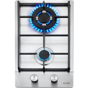 VEVOR Gas Cooktop 12 inch, Max 12250BTU 2 Burners Built-in Stainless Steel Gas Stove Top, LPG/NG Convertible Dual Fuel Natural Gas Hob with Thermocouple Protection for Outdoor, Kitchen, Camping, RV
