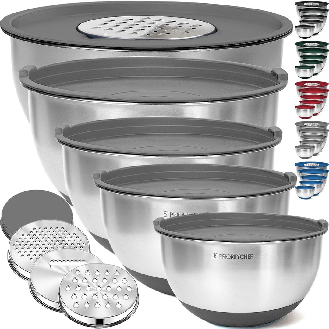 Priority Chef Stainless Steel Mixing Bowls with Lids Set, 3 Grater Attachments, Airtight Lids, Non-Slip Silicone Base Mixing Bowl Set, Large Prep Metal Mixing Bowls for Kitchen, Grey (Gray)