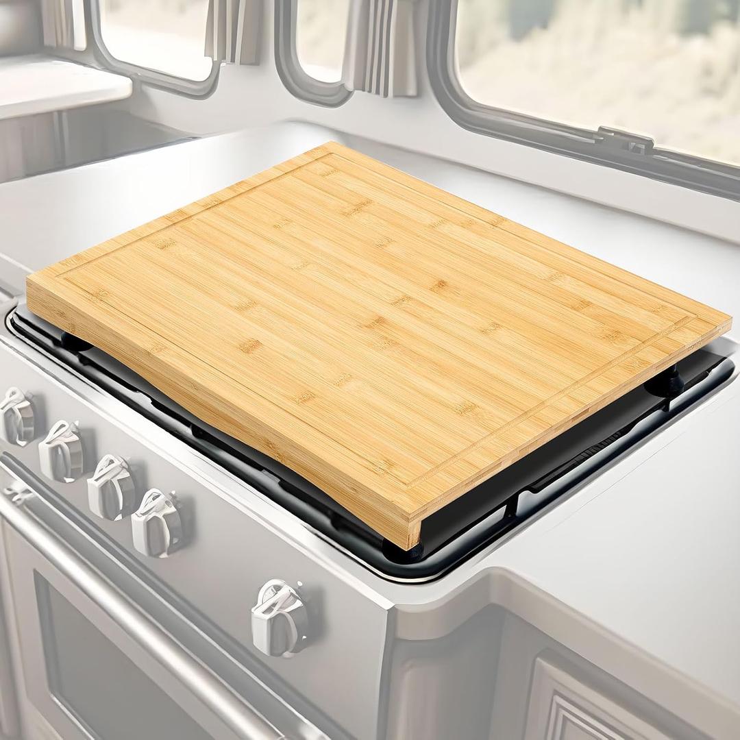 Sintuff Rv Stove Top Cover Board, Multiple Wood Noodle Board Gas Burner Camper Stove Top Cover with 4 Pcs Adjustable Legs and Juice Grooves for Trailer Electric Gas Burner Kitchen (20" x 17"), 19.7"L x 16.9"W
