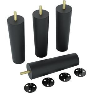 4 Pack 6 Inch Black Plastic Furniture Legs - Round Tapered Sofa/Couch/Chair Legs with M8 T-Nuts & Plate Nuts - Replacement Feet for DIY Projects, Coffee Tables, Dressers, Beds, 6 inches x 1.9 inches