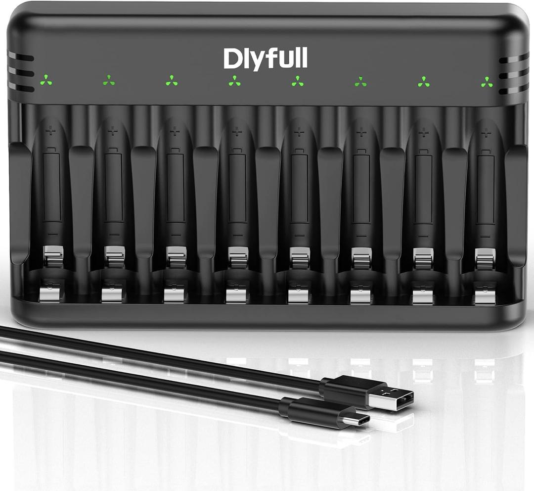 Dlyfull 8 Bay AA AAA Battery Charger with USB-C High-Speed Charging, Independent Slot for 1.2V Ni-MH Ni-CD Rechargeable Batteries, Cable Included