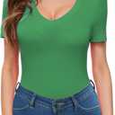 Women V Neck Short Sleeve Tight Fitted Summer Dressy Casual Sexy Cute Tops T Shirts Tee Tshirt Clothes (Green, L)
