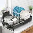 Dish Drying Rack, Expandable Dish Rack for Kitchen Counter, Stainless Steel Dish Drainer with Drainboard Set and Utensil Holder (Black)