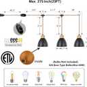 3-Light Plug in Pendant Light 22FT Industrial Hanging Lamp with Twisted Hemp Rope Independent Triple Switch Hanging Light Chandelier for Dining Room Kitchen, Black Finish