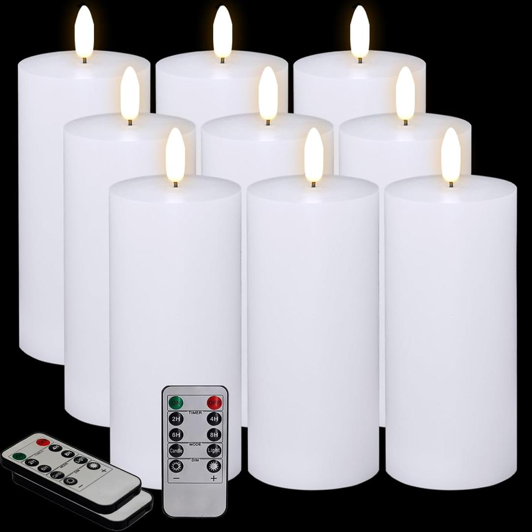 9 Pcs White Flameless Candles Flat Top LED Candles with Remote Timer, Pillar Flameless Candle Bulk Flickering Battery Operated Candle for Wedding Festival Outdoor Home Decor D 3'' H 6''