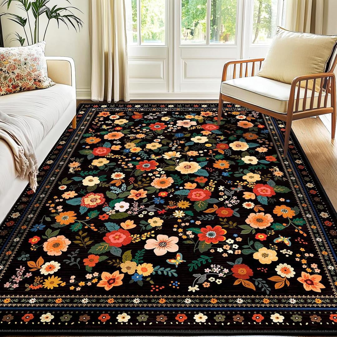 5x7 Area Rugs for Living Room Vacuum-Friendly Machine Washable Area Rug Flower Floral Printed Pattern Low Pile Non-Slip Carpet for Bedroom Hallway Entryway, Black