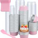 Hushee 600 Pcs Aluminum Foil Baking Cups with Lids and Spoons 5oz Disposable Ramekins Dessert Muffin Creme Brulee Cupcake Liners Containers for Wedding Birthday Christmas Party(Round,Pink)