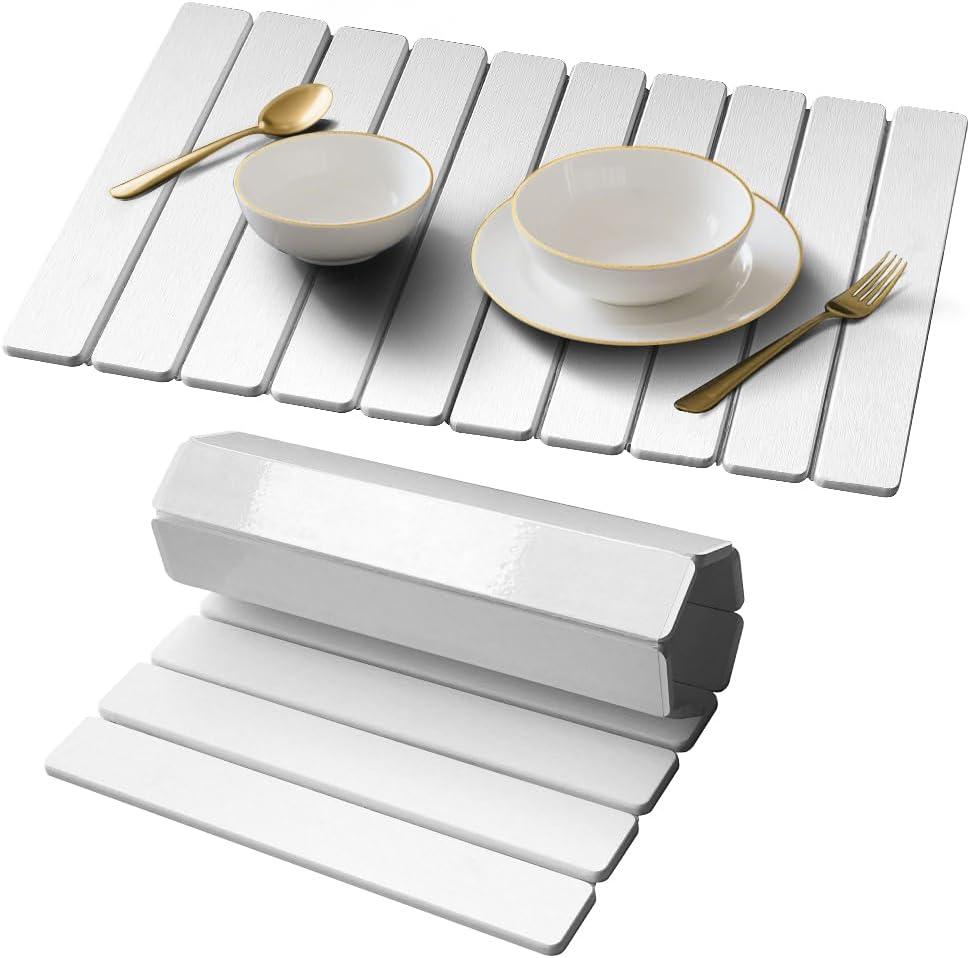 Stone Dish Drying Mat for Kitchen Counter - 24" x 16" Ultra Absorbent Diatomaceous Earth Mat, Fast Drying & Foldable Countertop Protector, Non-Slip Eco-Friendly Stone Mat for Dishes (White)