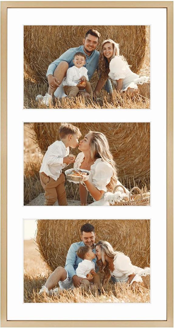 Frametory - 8.5x16.3 Aluminum Collage Picture Frame - Display 5x7 Pictures with 3 Openings Mat - Real Glass Front - Horizontal/Vertical Wall Mount - Gold 1 Pack, 3 slots | 5x7