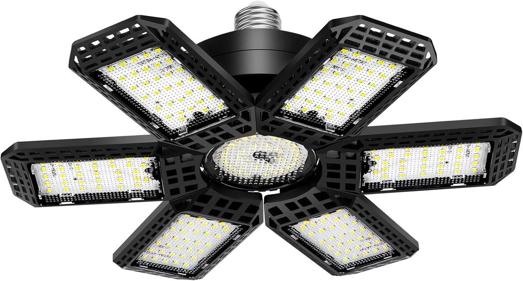 1 Pack Garage Light, 200W 20000LM 6500K LED Shop Lights, Garage Lights Ceiling Led with 6+1 Deformable Panels, Screw in E26/E27 Socket Bulb for Warehouse, Workshop, Basement, Barn Lighting, Black 