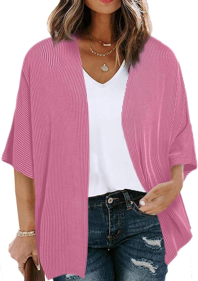 Eytino Women Plus Size Lightweight Cardigan Half Sleeve Ribbed Knit Kimono Cardigans Tops(1X-5X) (Pink)