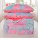 Faux Fur Kids Girls Purple Rainbow Comforter Sets Twin/Full - 3PC Bed Set Warm Comfortable Soft Plush Flannel Velvet Fluffy Fuzzy BeddingComforter x 1 Pillowcases x 2