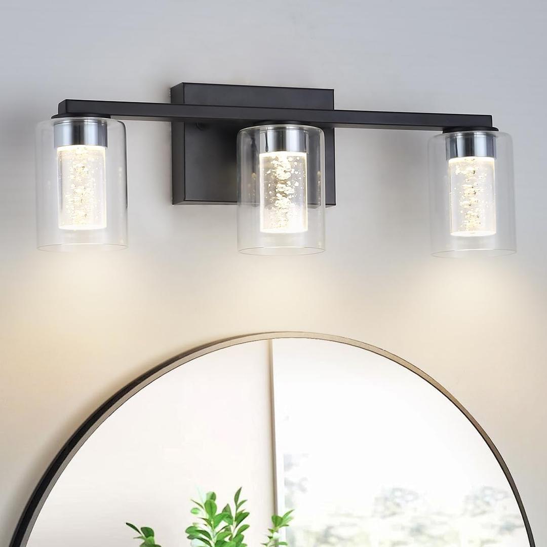 3-Light Bathroom Light Fixtures, Black Modern Vanity Lights with Clear Glass Shade, Bathroom Wall Lamp with Crystal Bubble for Mirror Kitchen Living Room Hallway, 17.91*4.72*6.30