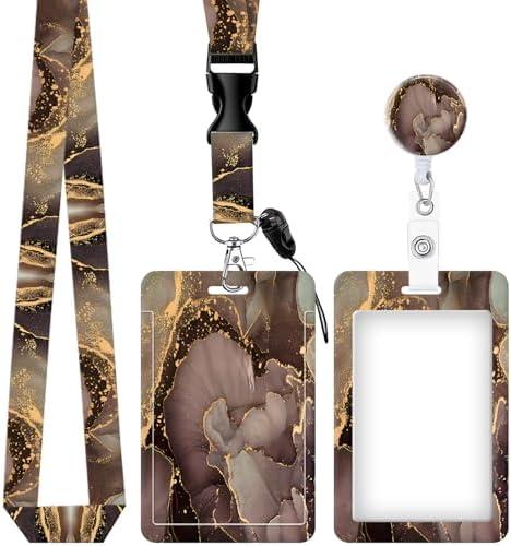 ID Badge Holder with Retractable and Detachable Lanyard, Cute Badge Reel Breakaway Lanyard with Carabiner Clip for Teachers, Nurses, Perfect Work and Office(Luxury Waves Golden Marble)