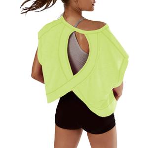 Kumufenc Women Short Sleeve Workout Shirts Open Back Tops Casual Yoga Y2k Athletic Gym Slouchy Crop Running Tees, Medium