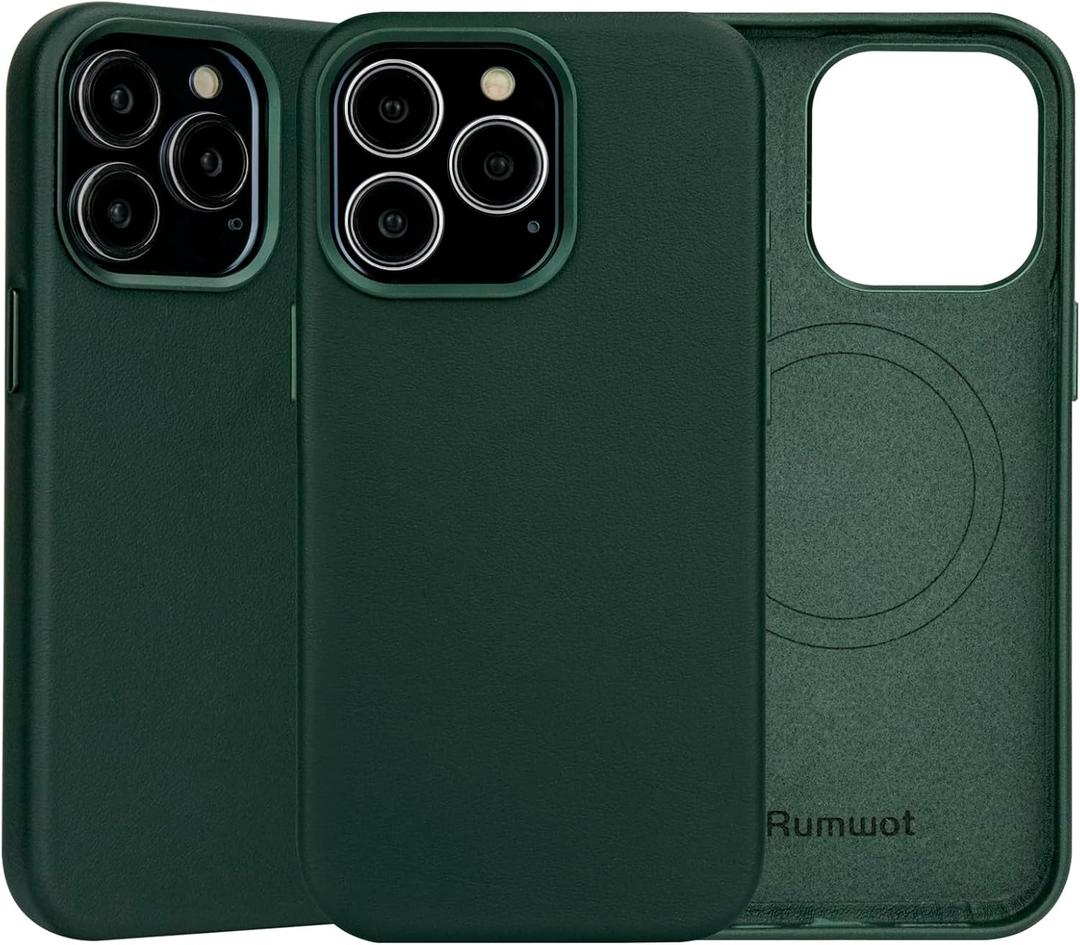 for iPhone 15 Pro Max Leather Case | Genuine Full Grain Leather| Compatible with MagSafe and Wireless Charging | Metal Buttons Camera Bezel | Slim Fit-Drop and Scratch Resistant(Green)