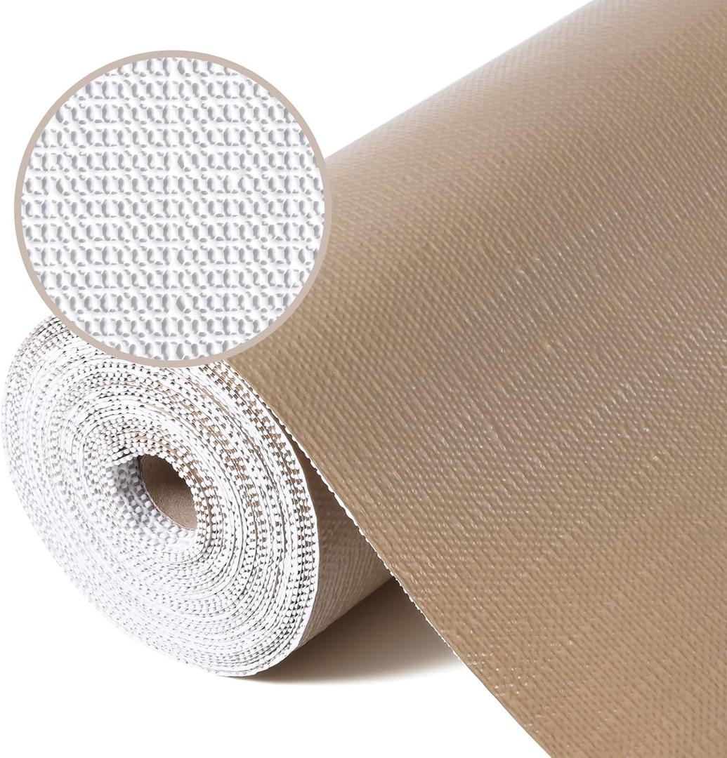 Drawer Liner, Shelf Liners for Kitchen Cabinet Waterproof & Oil-Proof Cupboard Liner Non-Slip Drawer Mat PVC Material Non Adhesive Kitchen Liner for Countertop Beige 17.5 x 393.7 Inches