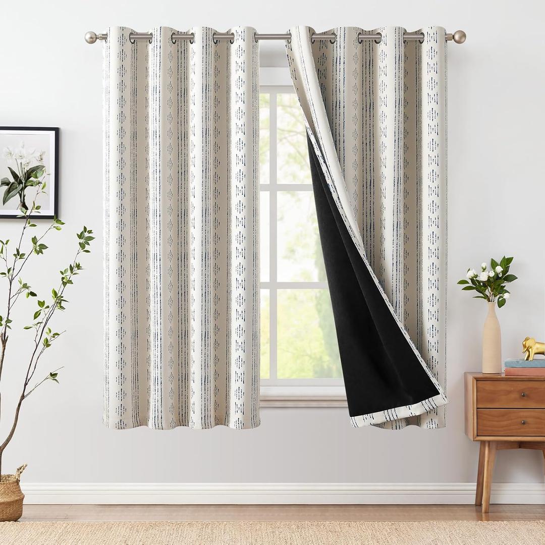 jinchan 95% Blackout Boho Curtains 63 Inch Length for Bedroom Blue on Beige Geometric Printed Grommet Top Room Darkening Thermal Insulated Window Drapes 2 Panels