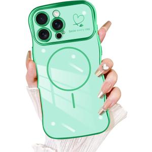 Fiyart Designed for iPhone 16 Pro Max Case, Cute Wave Frame Curly Shape Love Hearts Plating for Women Girls Camera Protection Compatible with MagSafe Magnetic Shockproof Bumper 6.9"-Green