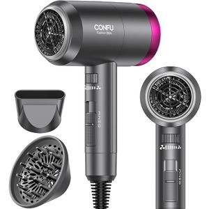 CONFU Ionic Blow Dryer 1600W, Portable Lightweight Fast Drying Negative Ion Hairdryer Blowdryer, 3 Heat Settings & Infinity Speed, with Diffuser and Concentrator Nozzle for Home & Travel