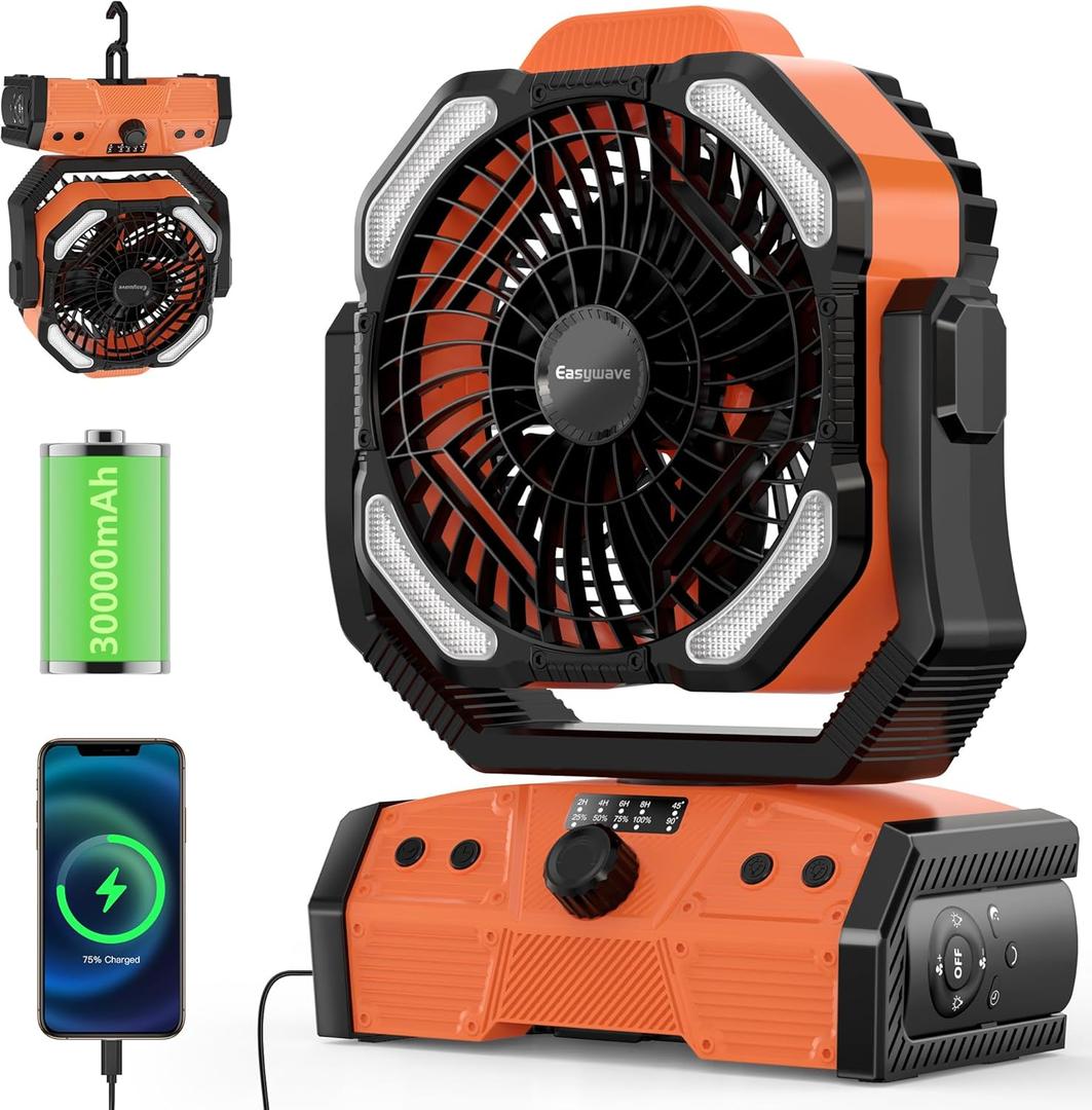 Easywave Camping Fan with LED Lantern: 30000mAh Rechargeable Battery Powered Outdoor Tent, Oscillating Fan with 360 Hanging Hook, Personal USB Desk Fan for Camping, Power Outage, Hurricane, Jobsite (ORANGE)