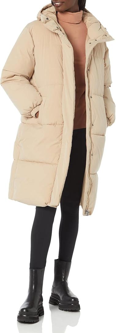 Amazon Essentials Women's Oversized Long Hooded Insulated Puffer Jacket  (1X, Tan)