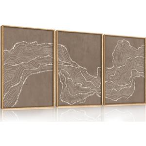 Abstract White Wave Framed Canvas Wall Art,Modern Minimalism Wall Decor,Neutral Geometric Line Art Painting,Textured Brown Artwork for Living Room,Bedroom,Dining Room,Office - 12"x16"x3