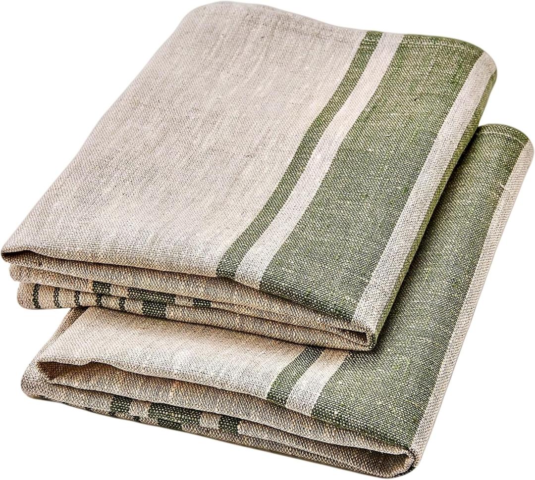 Pure Linen Kitchen Tea Towels - 100% Flax Linen Dish Towels 17 x 27 inch with Olive Green French Country Stripes - Flax Hand Towels - Set of 2