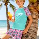 MIGU Boys Swim Set 12-14 Short-Sleeved Rash Guard Bathing Suit 2 Piece Green and Pink Patchwork Pineapple and Coconut Tree Printed Boys Swimsuit and Swim Trunks (Pink)