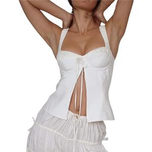 Women Spaghetti Strap Lace Corset Tank Top Vintage Sleeveless Y2K Slim Fit Strappy Camis Vest Top Streetwear (White, M)